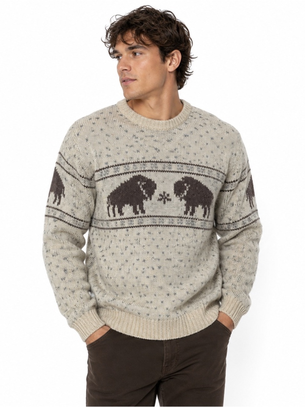 Vintage Pendleton Cream and Brown Bison Crewneck 100% Virgin Wool Sweater
